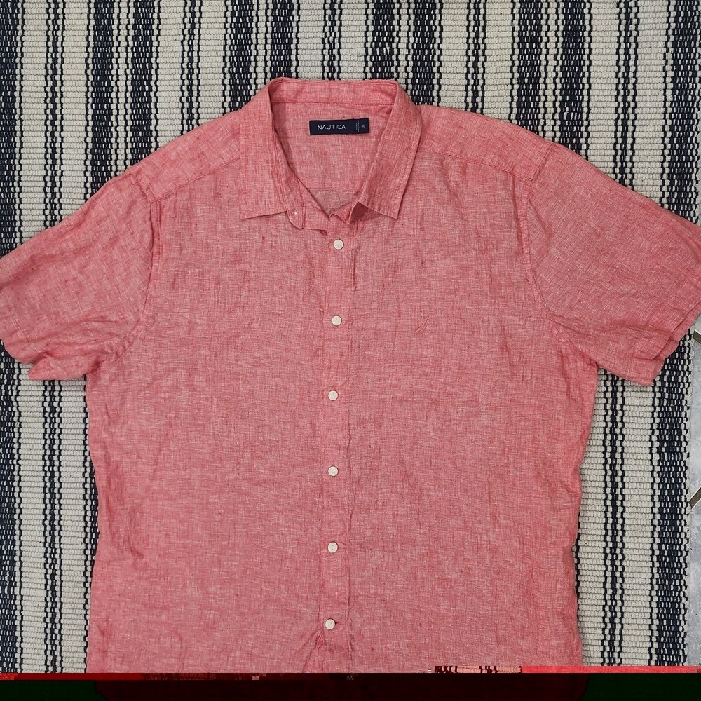 Nautica Mens XL 100% Linen Coral Pink Short Sleeve Button Up Shirt - Picture 2 of 7